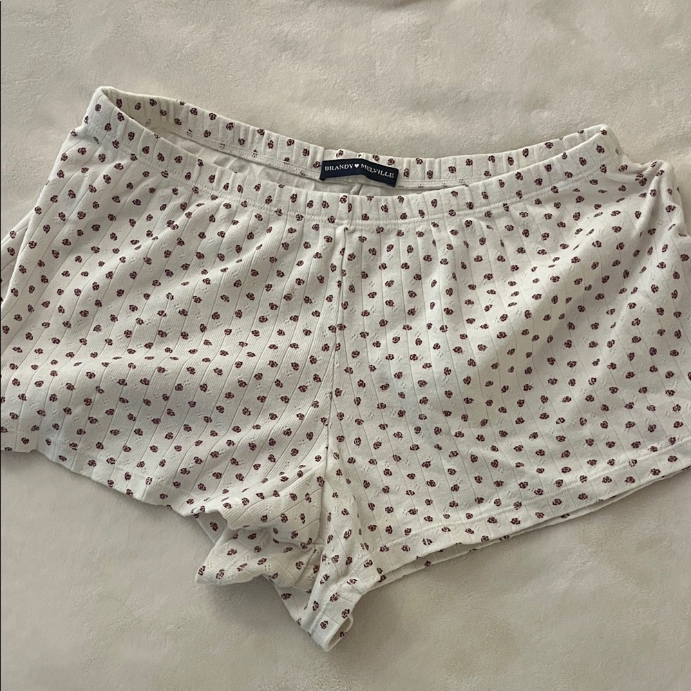 Brandy Melville Cream Waffle-Knit Shorts with Maroon Floral Print